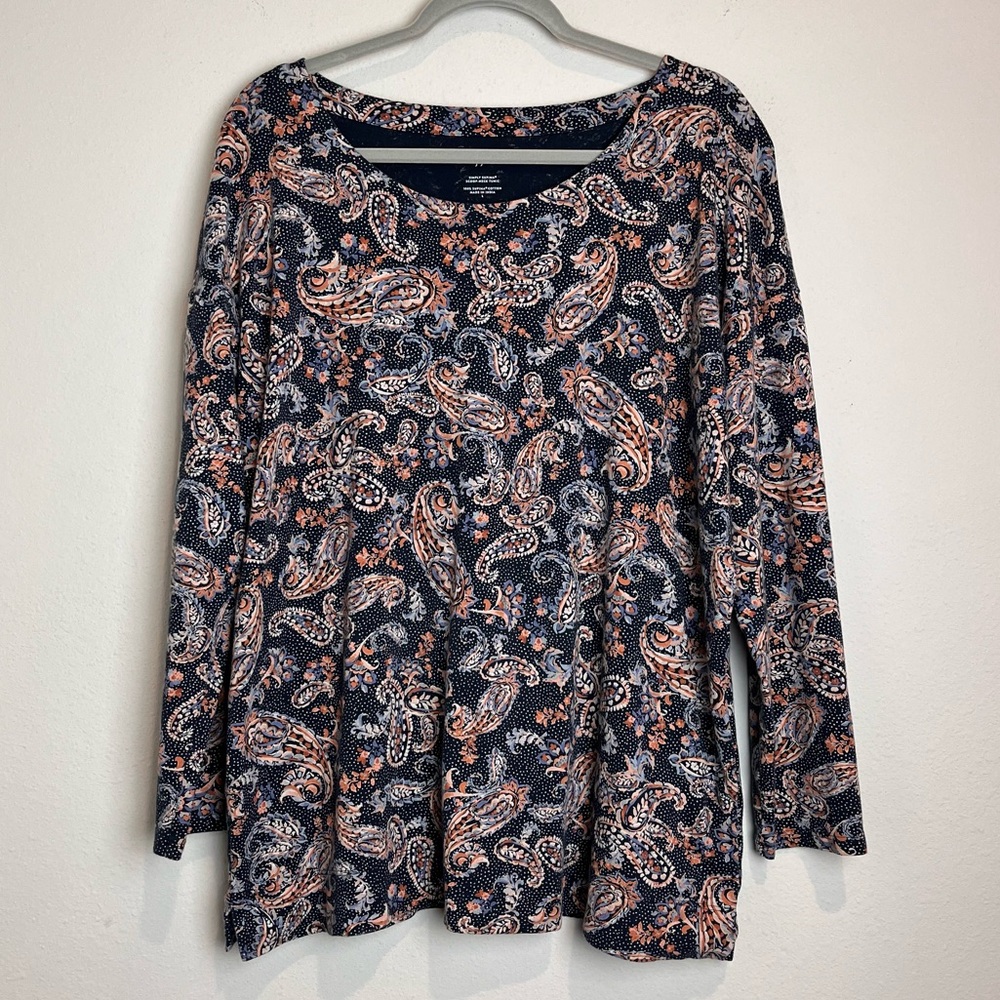 J. Jill Simply Supima Scoop-Neck Tunic Long Sleeve Navy Paisley Size Large